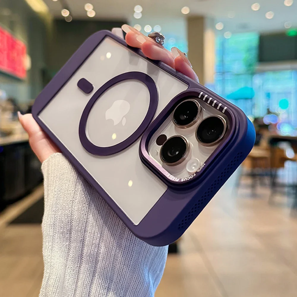 (iphone 16 Pro Max, Morado Oscuro) Funda Con Bisel Térmico Magsafe Para Iphone, Cubierta Trasera Protectora De Acrílico Transparente.
