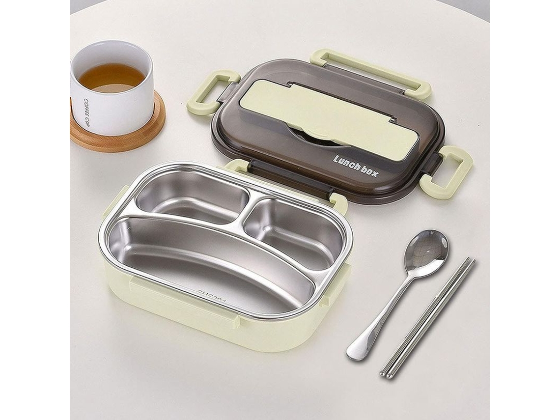 2026-40999-bandeja Bento Para Niños Y Adultos Con Acero Inoxidable, Aislamiento Térmico, 3 Compartimentos, 1000/1300ml, Verde