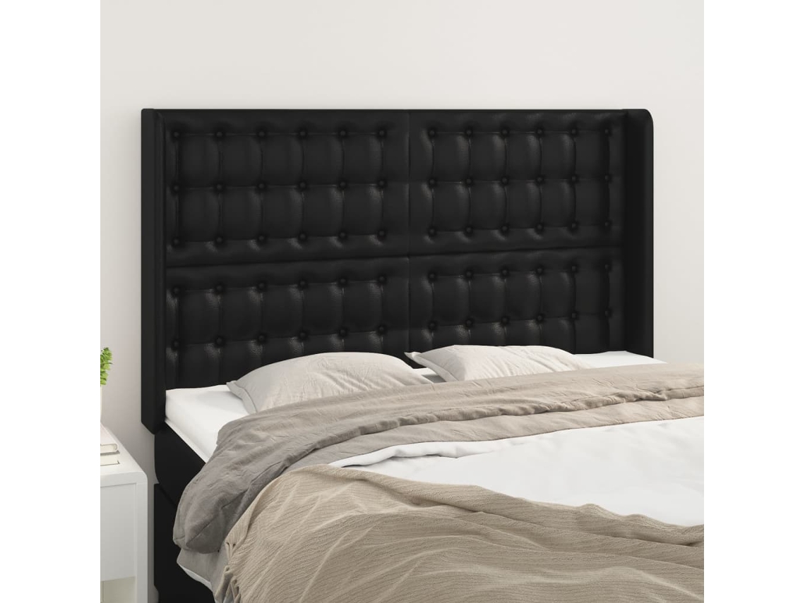 Cabecero con orejas de cuero sintético negro 147x16x118/128 cm