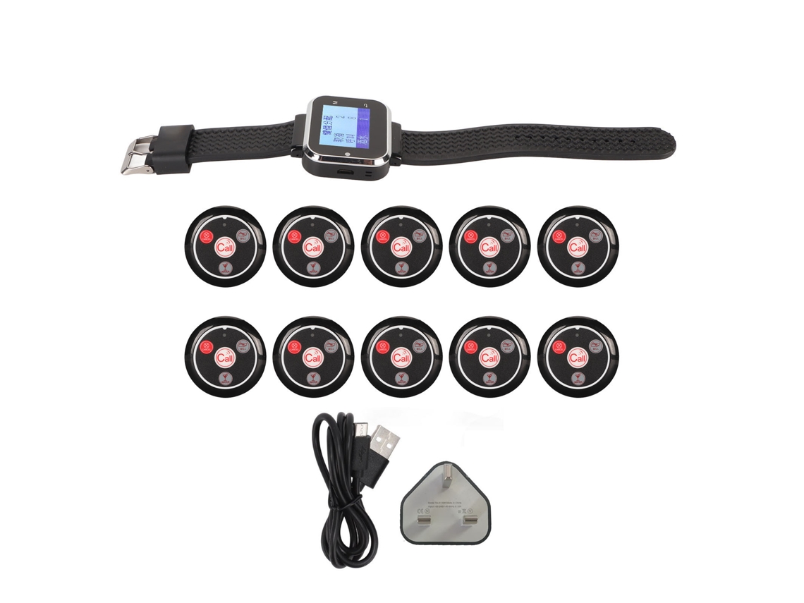 Sistema de llamadas inalámbrico con batería recargable de 250 mAh, 10 páginas, clasificación IPX4, pantalla LCD, enchufe británico.