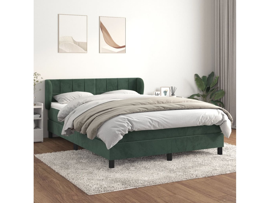 Cama Box Spring Con Colchón Terciopelo Verde Oscuro 140x190 Cm