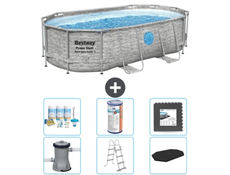 Piscina BESTWAY Oval Power Steel Swim Vista - Estampado Piedra - 427 x 250 x 100 - Incluye Bomba - Escalera - Cobertor Accesorios CB31
