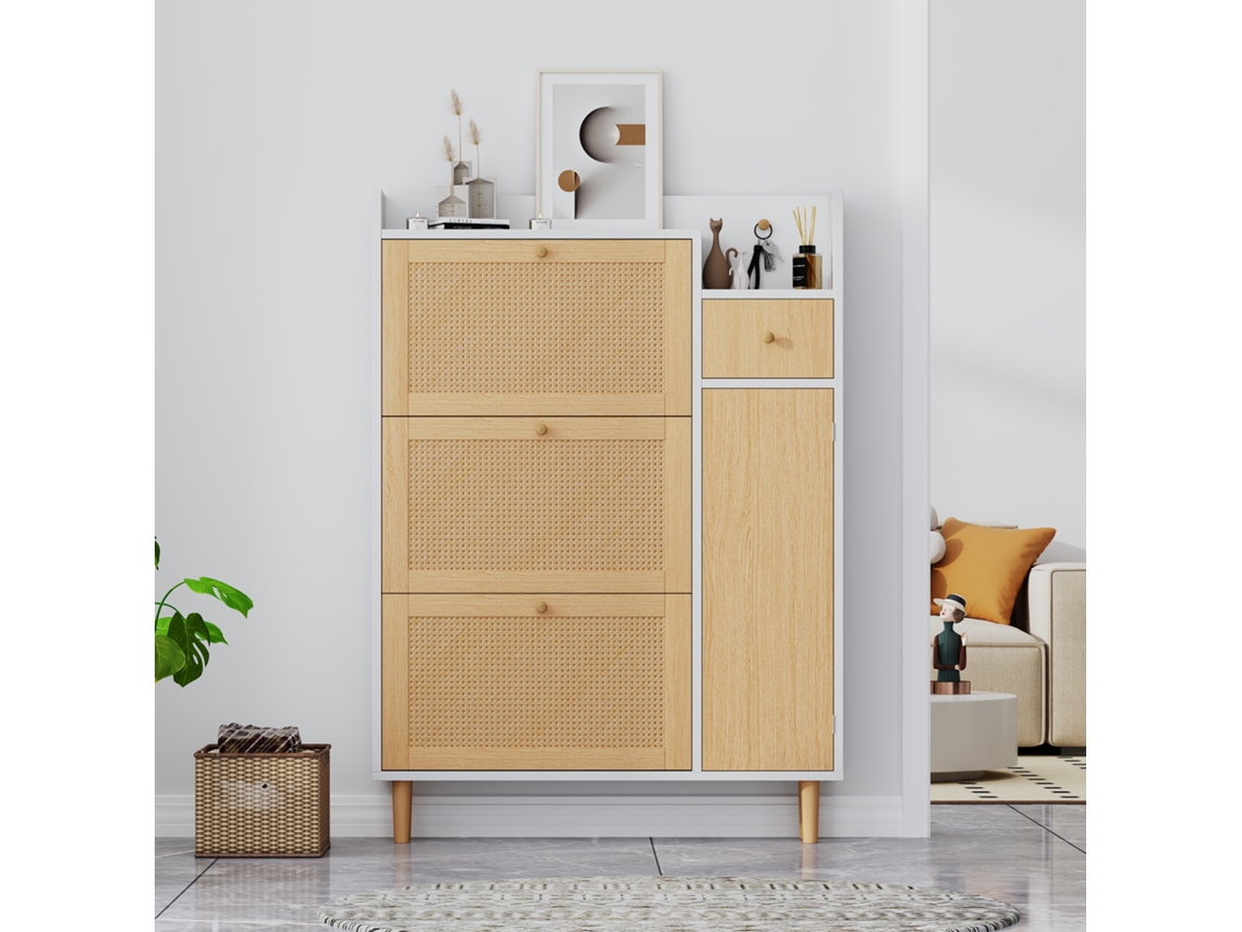 Zapatero de madera y ratán con 3 puertas basculantes y 1 cajón, estante ajustable, natural y blanco, Mobrio