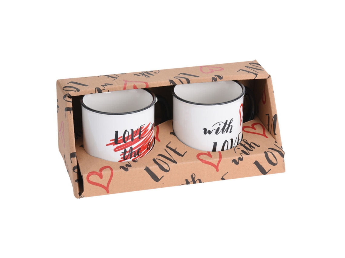 Juego De 2 Tazas Mug Blanco Corazones Porcelana