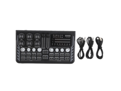 Mezclador de audio profesional con tarjeta de sonido en directo y modificador de voz para streaming.
