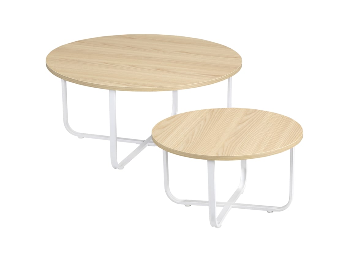 Juego de 2 mesas de centro redondas de Ø65x32cm y Ø45x26cm, con tablero y patas en una combinación de madera, metal natural y blanco.