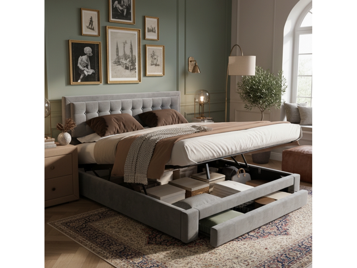 Cama Doble De Terciopelo Gris, 160x200 Cm, Amplio Espacio De Almacenamiento, Somier De Láminas, Robusta.