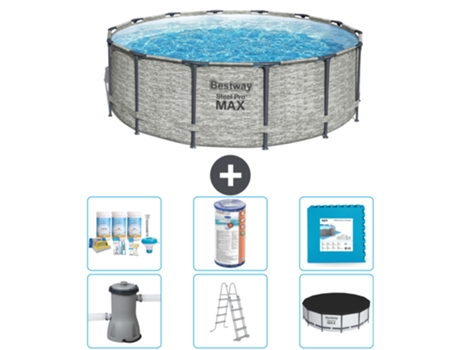 Piscina BESTWAY Round Steel Pro MAX - Estampado Piedra - 427 x 122 cm - Incluye Bomba - Escalera - Cobertor Accesorios CB30