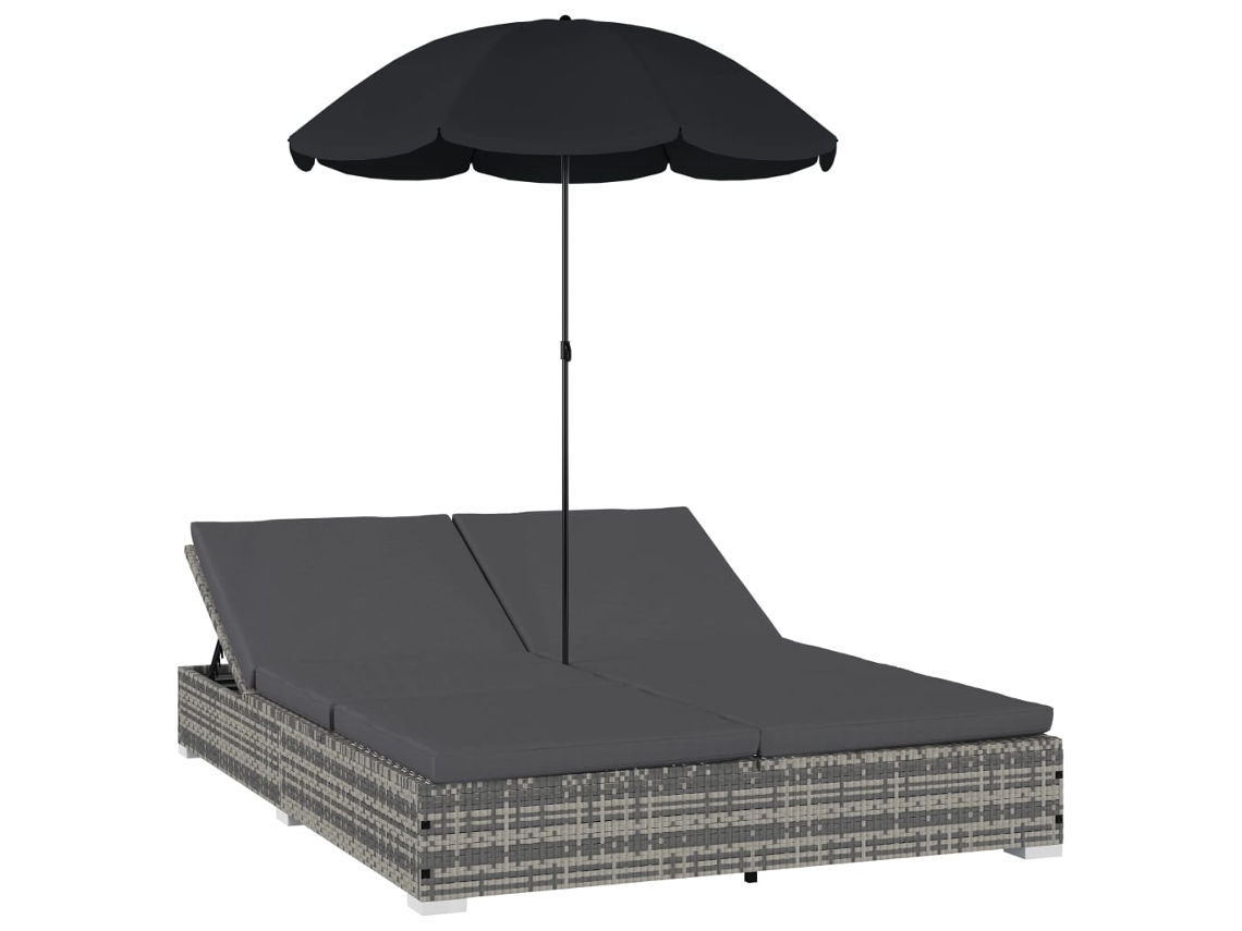 vidaXL Tumbona cama con sombrilla ratán sintético gris