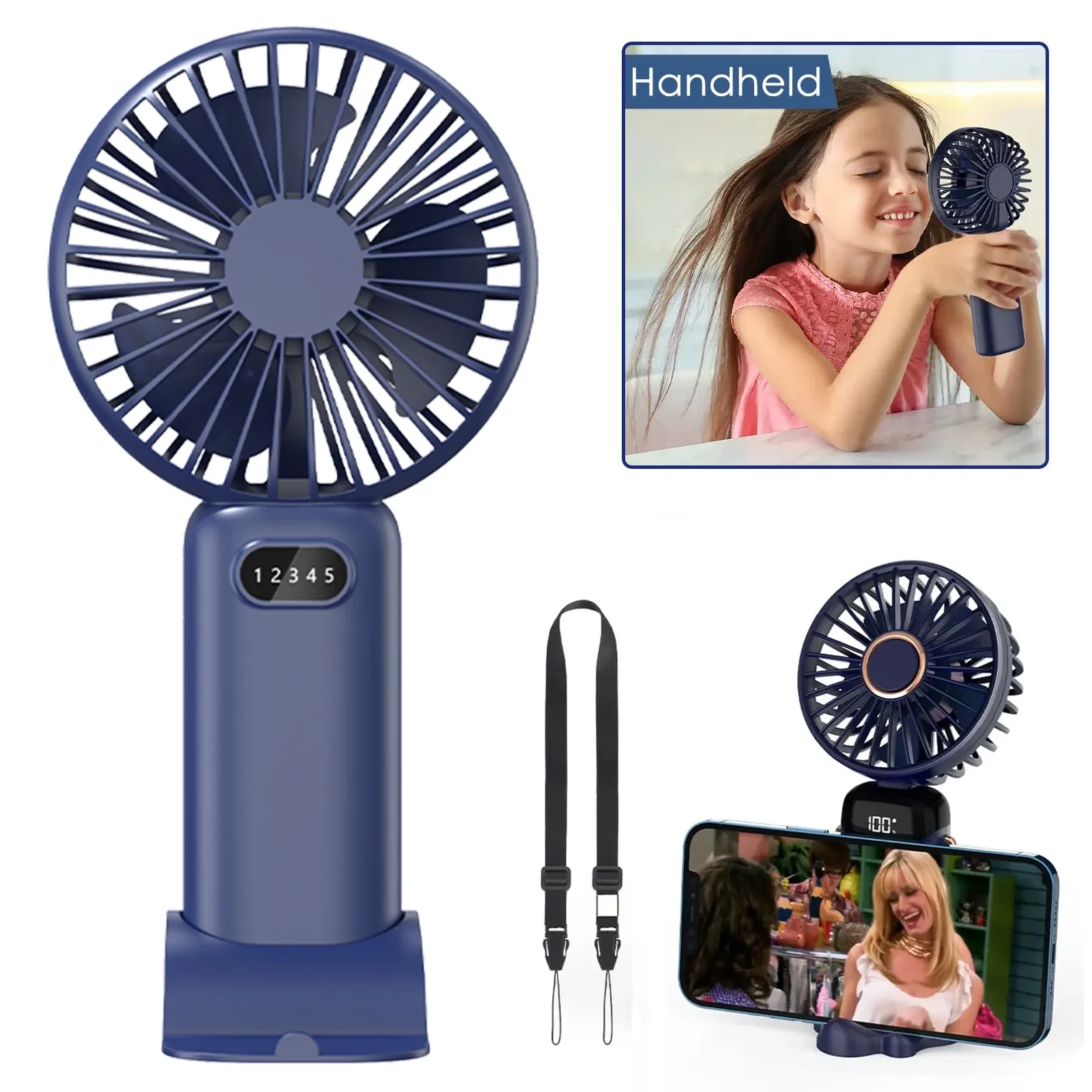 Ventilador USB portátil con 5 velocidades ajustables hasta 100 niveles, potente y recargable, ideal para uso manual. Aeuzwr