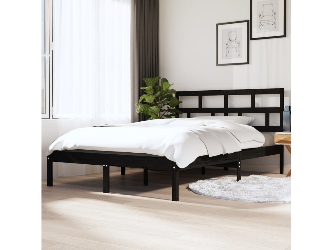 Estructura De Cama Doble De Madera Maciza Negro 135x190 Cm