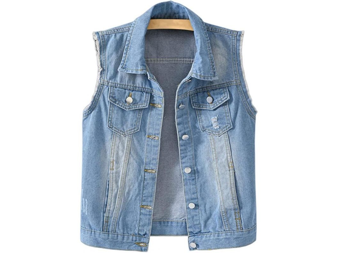 Chaleco vaquero corto sin mangas para mujer con botones y bolsillos, modelo 2026, informal para primavera, verano y otoño, tallas grandes, denim azul.