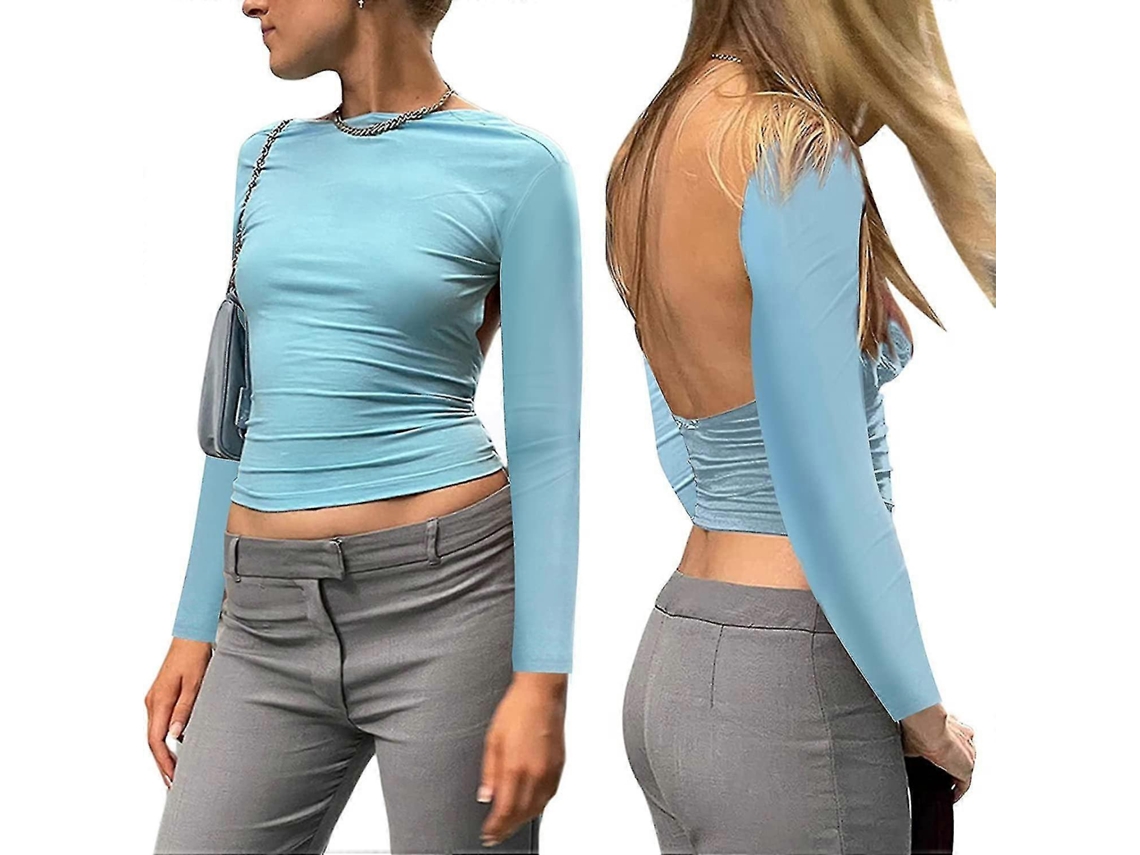 Camiseta sexy de manga larga sin espalda para mujer con espalda descubierta