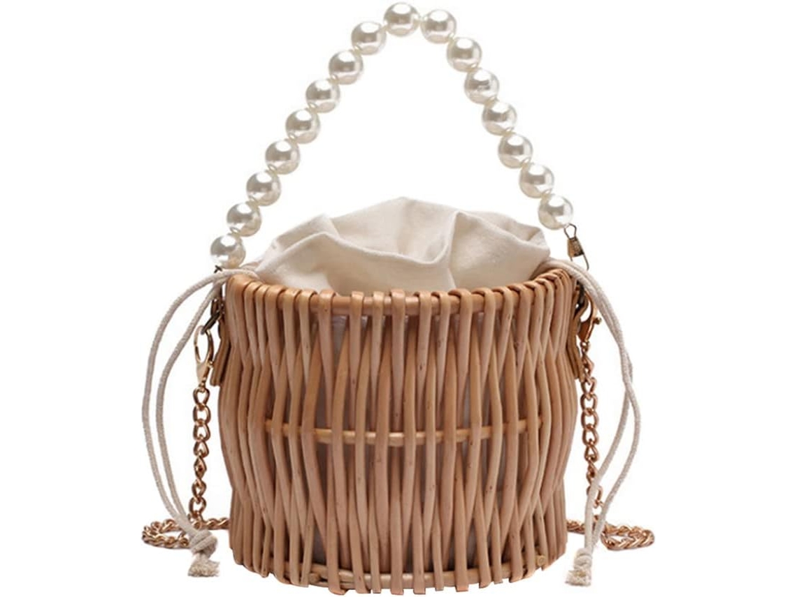 Bolsa De Ombro Feminina Elegante E Casual Em Tecido Trançado Para Praia - Cáqui