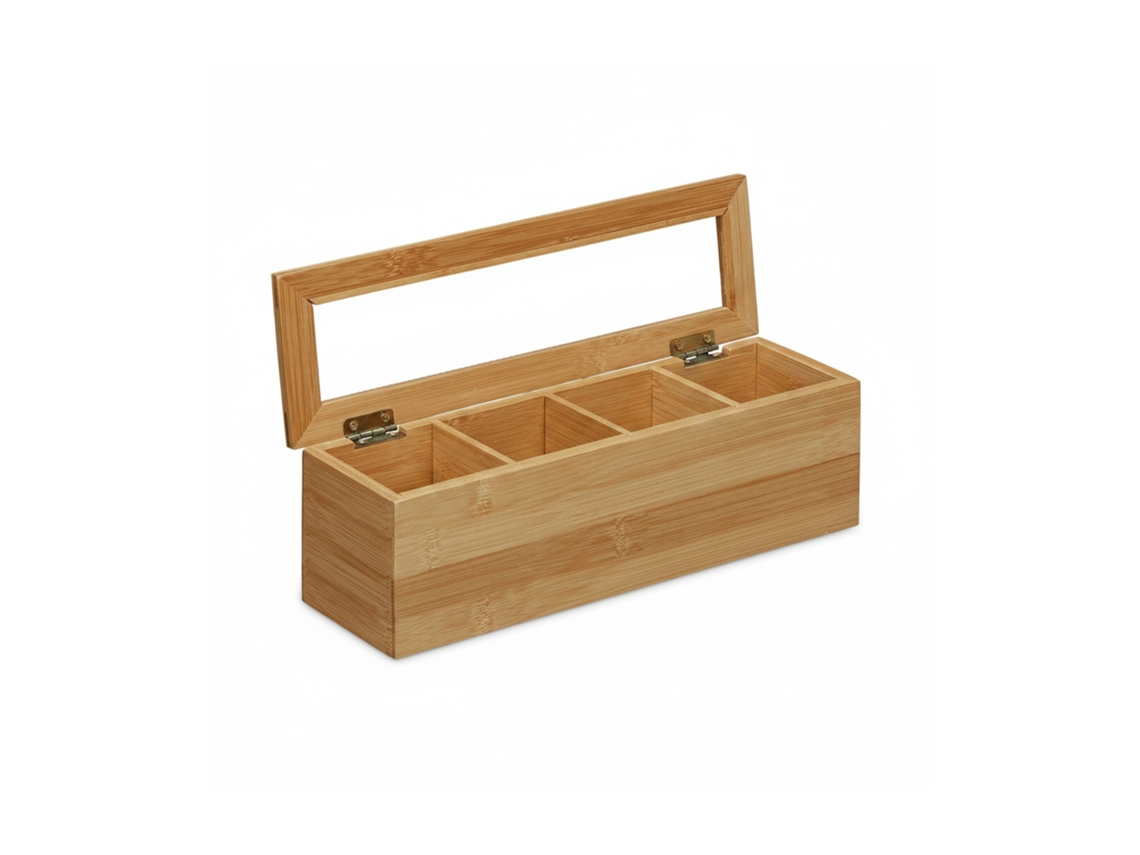 Relaxdays Caixa De Chá Em Bambu, 4 Compartimentos, Estreita, Visor Em Plástico, Axlxp: 9 X 30 X 9 Cm, Compacta, Natural