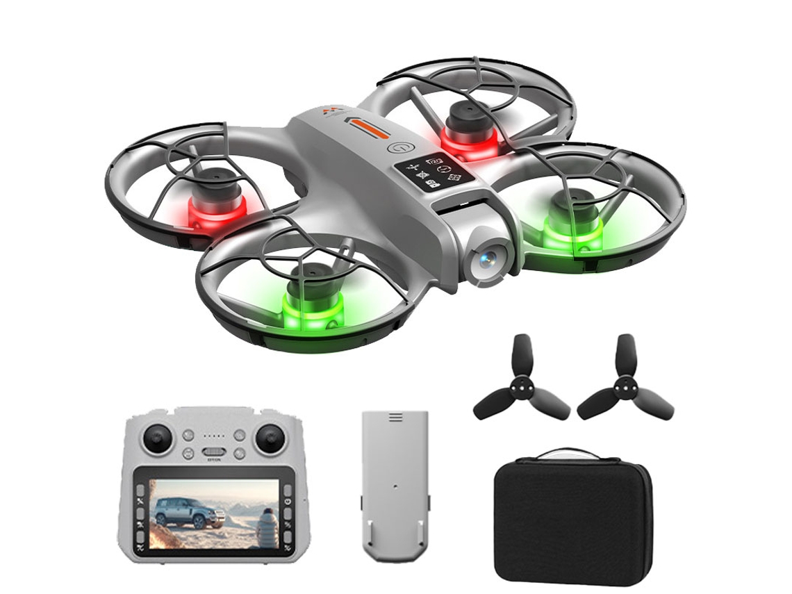 Drone Szsmart M2 Com Câmara 2k Motor Sem Escovas Fluxo Ótico Comando Ecrã 4.5'' 1 Bateria Para Principiantes Cinzento
