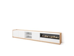 Mueble para TV, 310x37x50cm, para televisores de hasta 80'', chimenea eléctrica, blanco y roble claro.