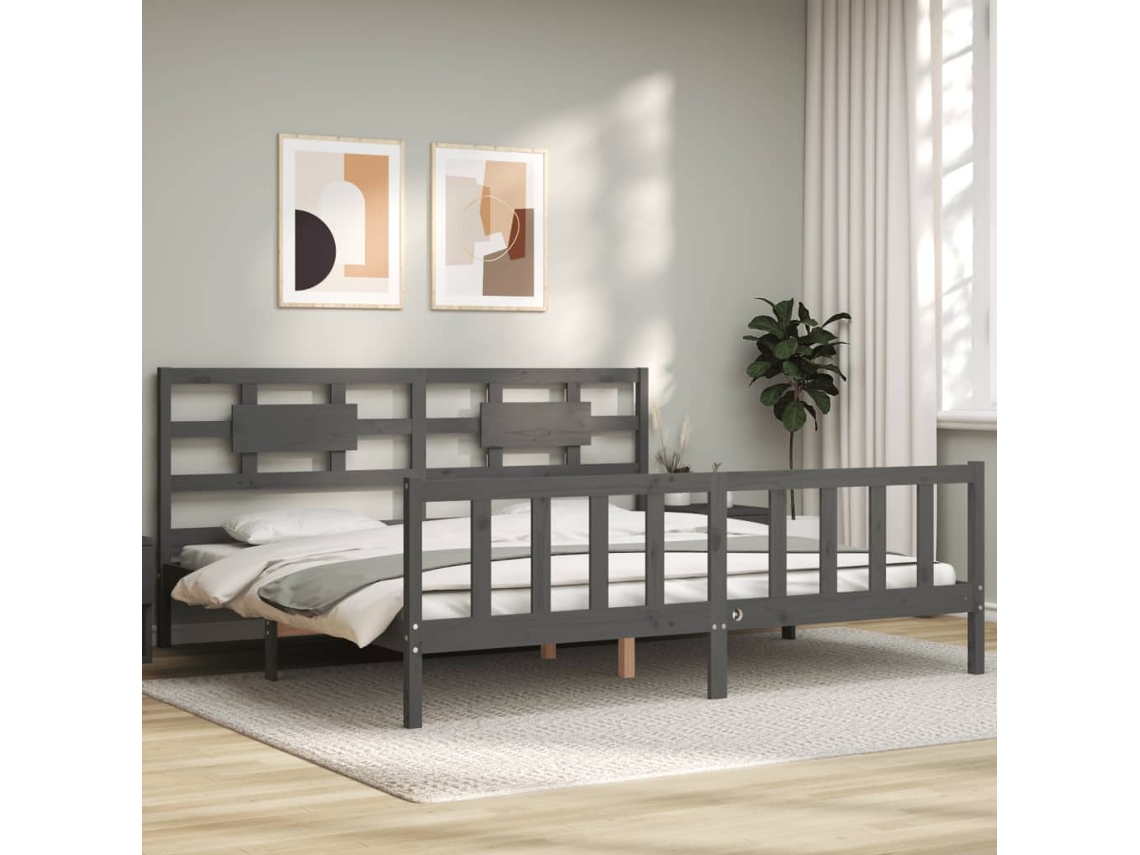 Estructura De Cama Con Cabecero Madera Maciza Gris 200x200 Cm