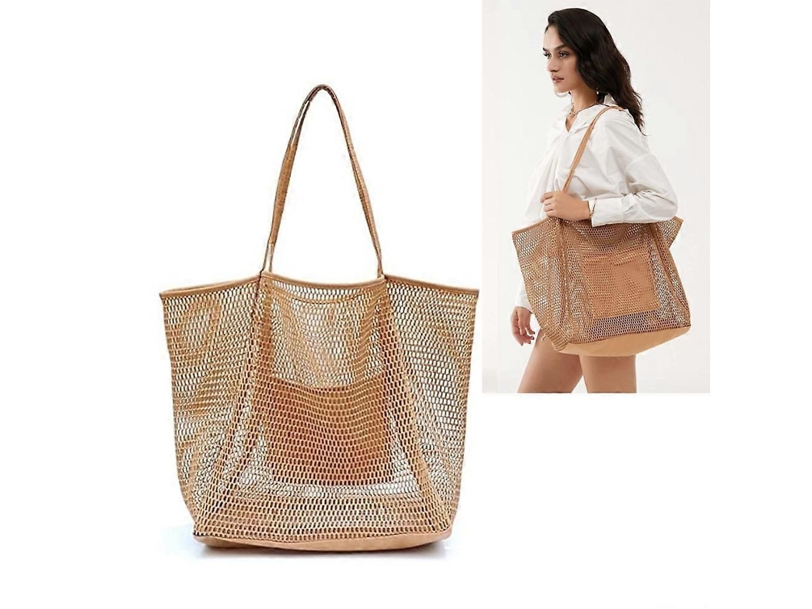 Bolso de playa, de malla, bolso de hombro para mujer con bolsillo interior, asa plegable e impermeable para compras y picnics GOKOCO