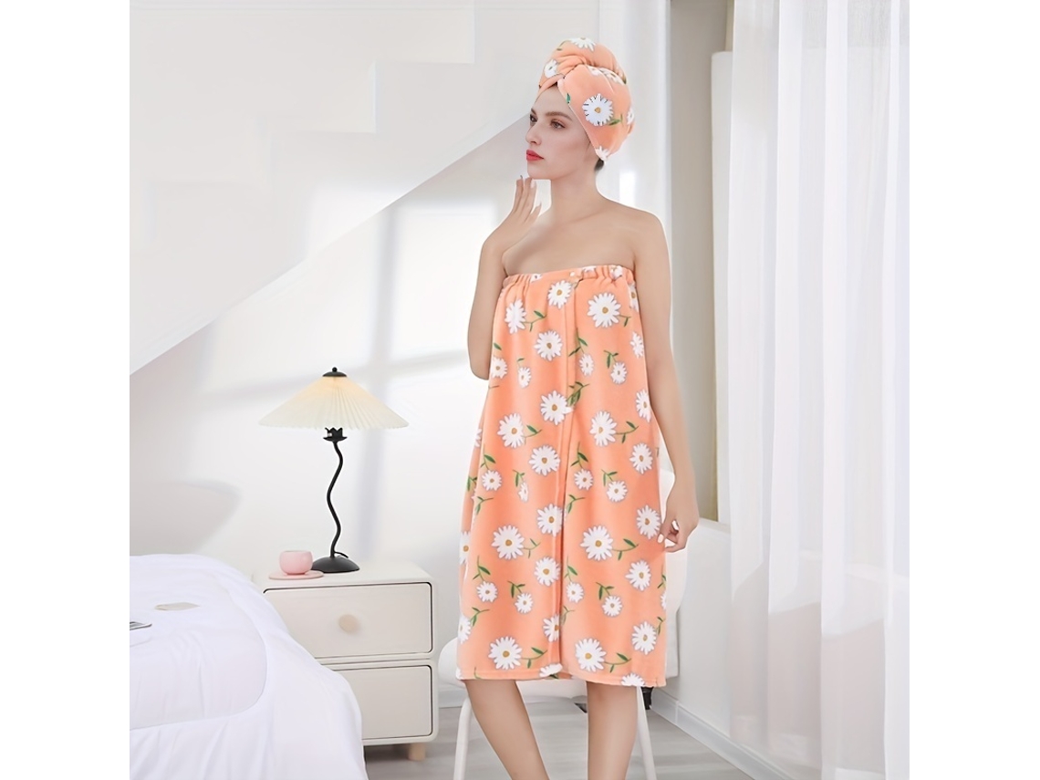 Conjunto De Baño: Bata Estampada + Secador De Pelo, Toalla De Forro Polar Coral. Perfecto Para Usar En Casa O Después De Un Baño En El Spa.