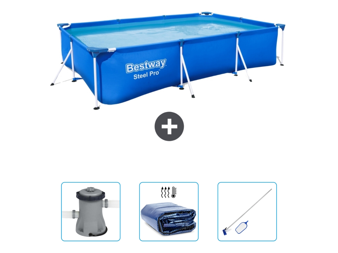 Piscina BESTWAY Rectangular Steel Pro - 300 x 201 x 66 cm - Azul - Incluida Bomba - Vela solar - kit de limpieza
