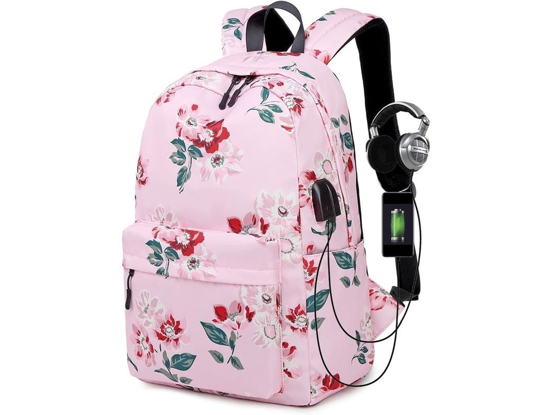 2026-mochila Escolar Retro De Mujer Con Flores Puerto De Carga Usb Resistente Al Agua Negro