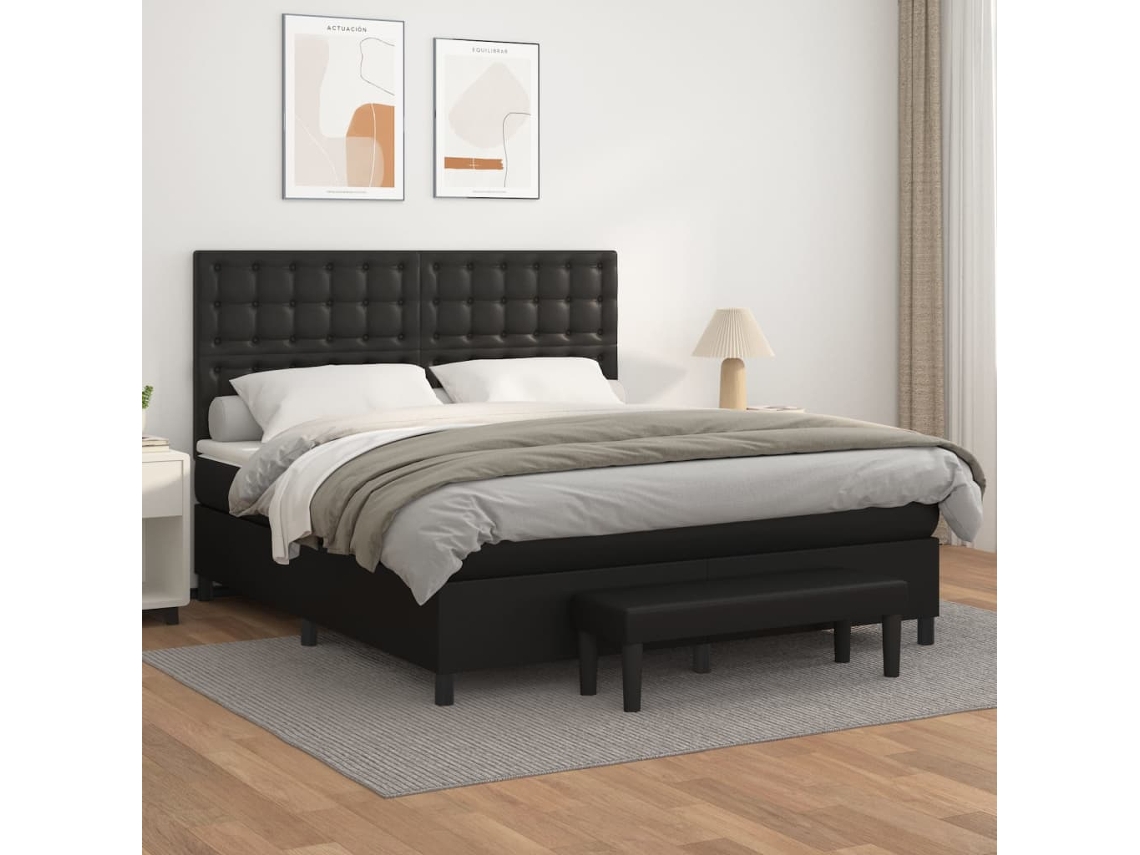 Cama Box Spring Con Colchón Cuero Sintético Negro 160x200 Cm