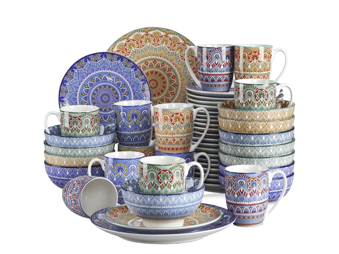 Juego de vajilla de cerámica con diseño de mandala bohemio, disponible en varios colores y azul, 48 piezas.