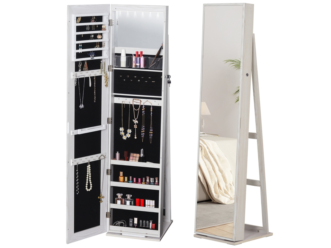 VPMKP - Armario joyero Homcom con espejo, suelo, iluminación LED, cerradura, armario, joyería, dormitorio, madera
