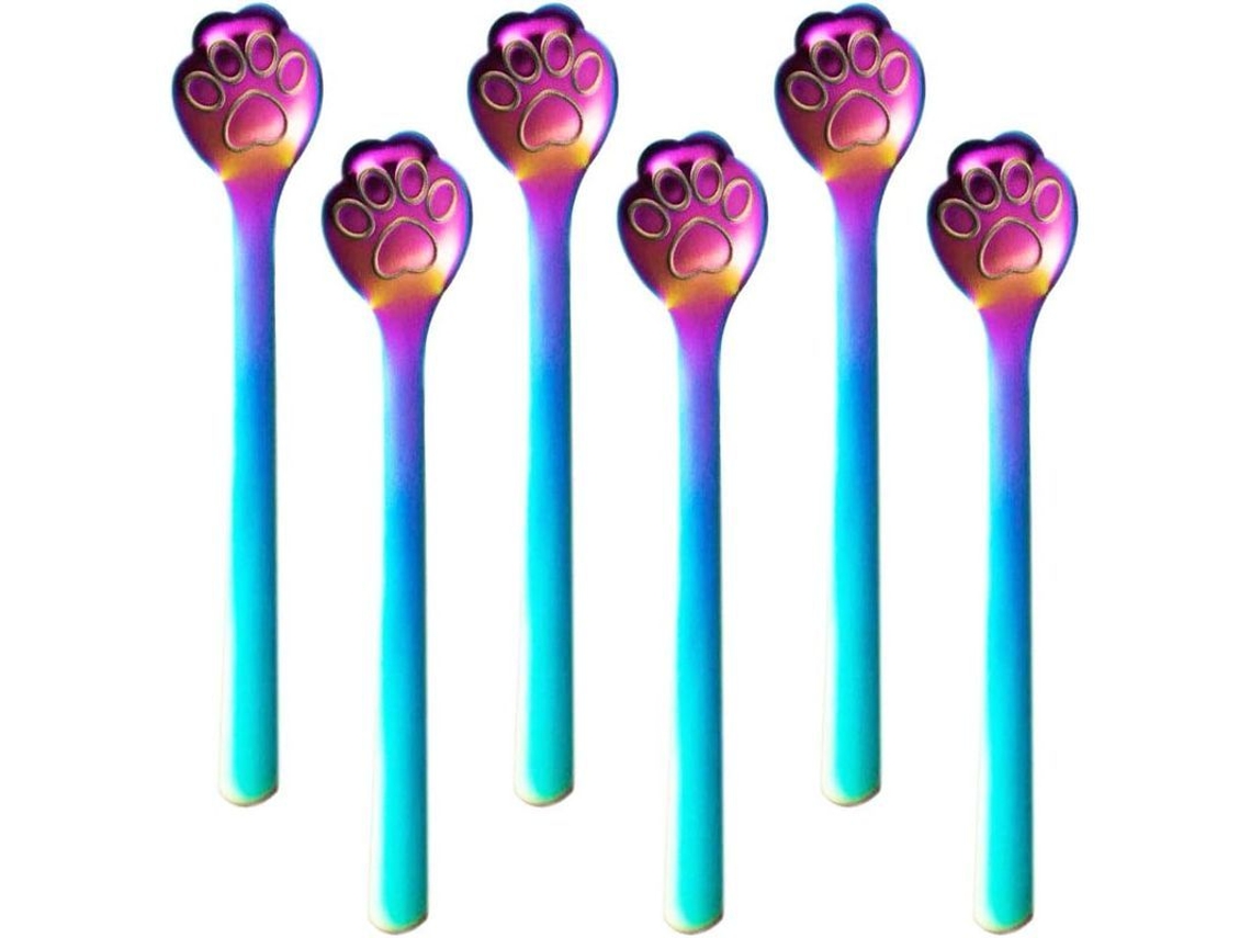 2026-6 Colheres De Café Postres 15cm Claw Gatito Aço Inoxidável 304 Para Sorvete Açúcar Comida Gatito Coloridas