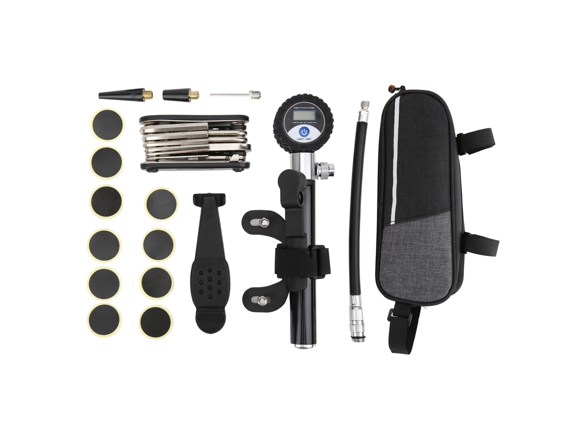Kit De Reparación De Neumáticos Para Bicicleta Con Bomba Digital Portátil, Destornillador Y Parches (sin Pegamento).