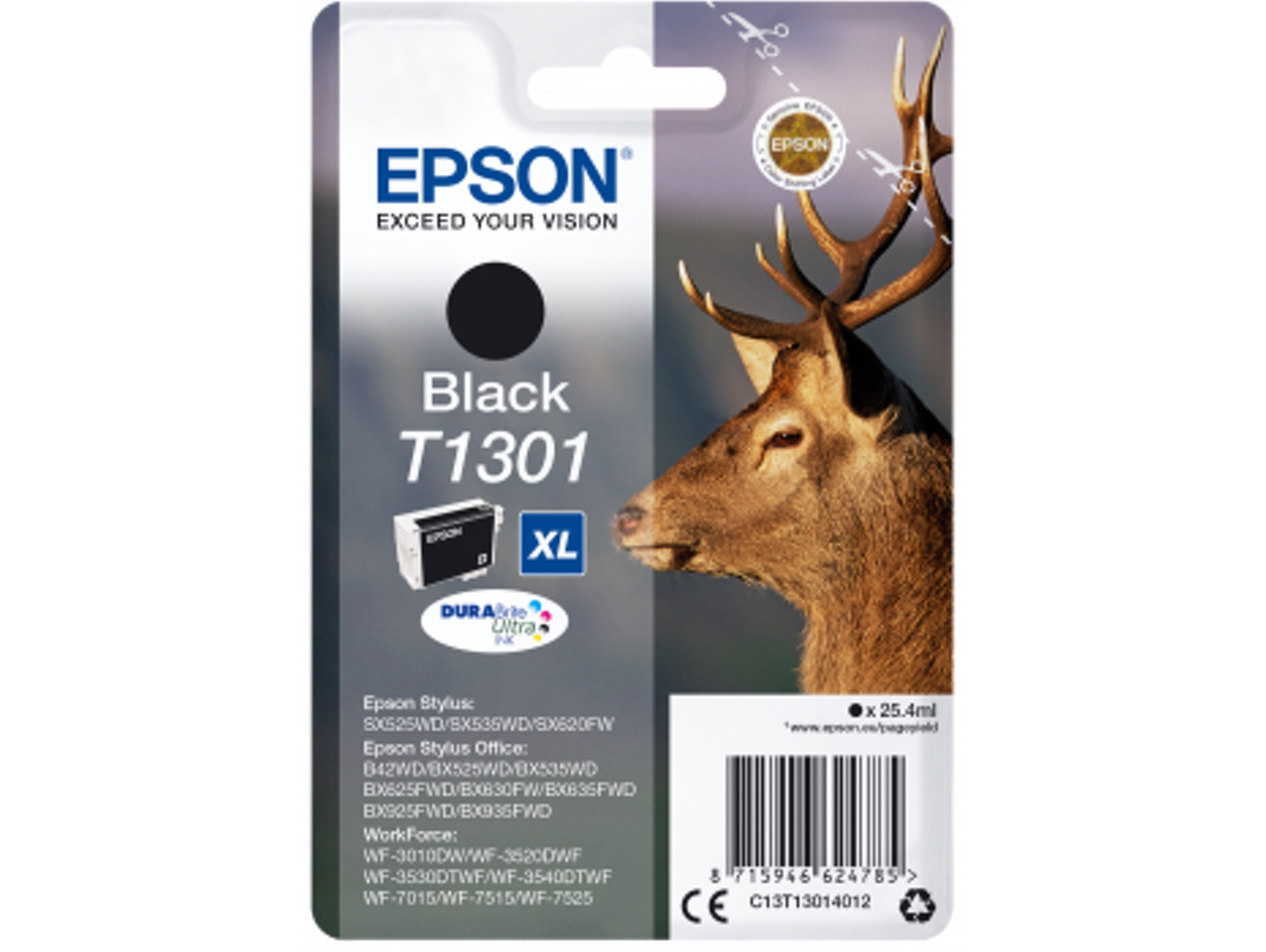 Cartucho de tinta original EPSON T1301, Ciervo 25,4 ml, Negro, XL, C13T13014012