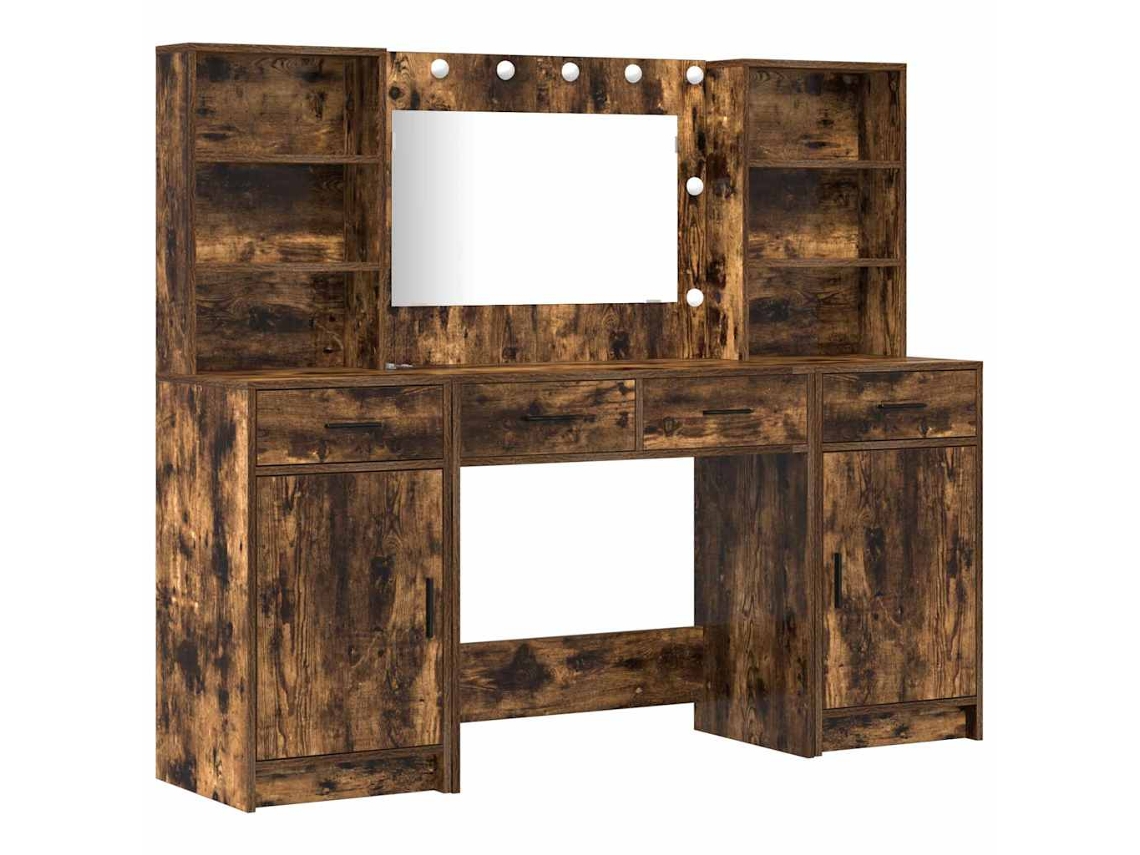Conjunto De Tocador | Mesa De Vestidor Con Led 3 Uds Roble Ahumado