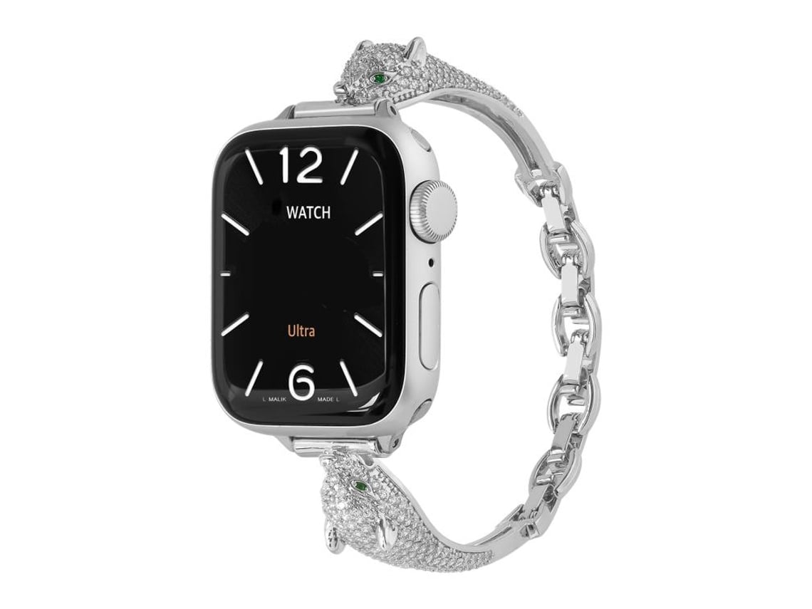 Bracelete Para Apple Watch 42/41/40/38mm - Cobre Com Cabeça De Leopardo E Zircônia Incrustada Prateada
