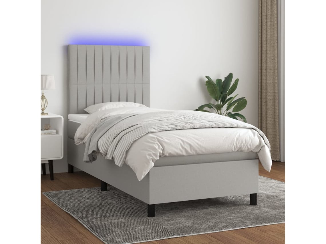 Cama Box Spring Colchón Y Luces Led Tela Gris Claro 100x200 Cm