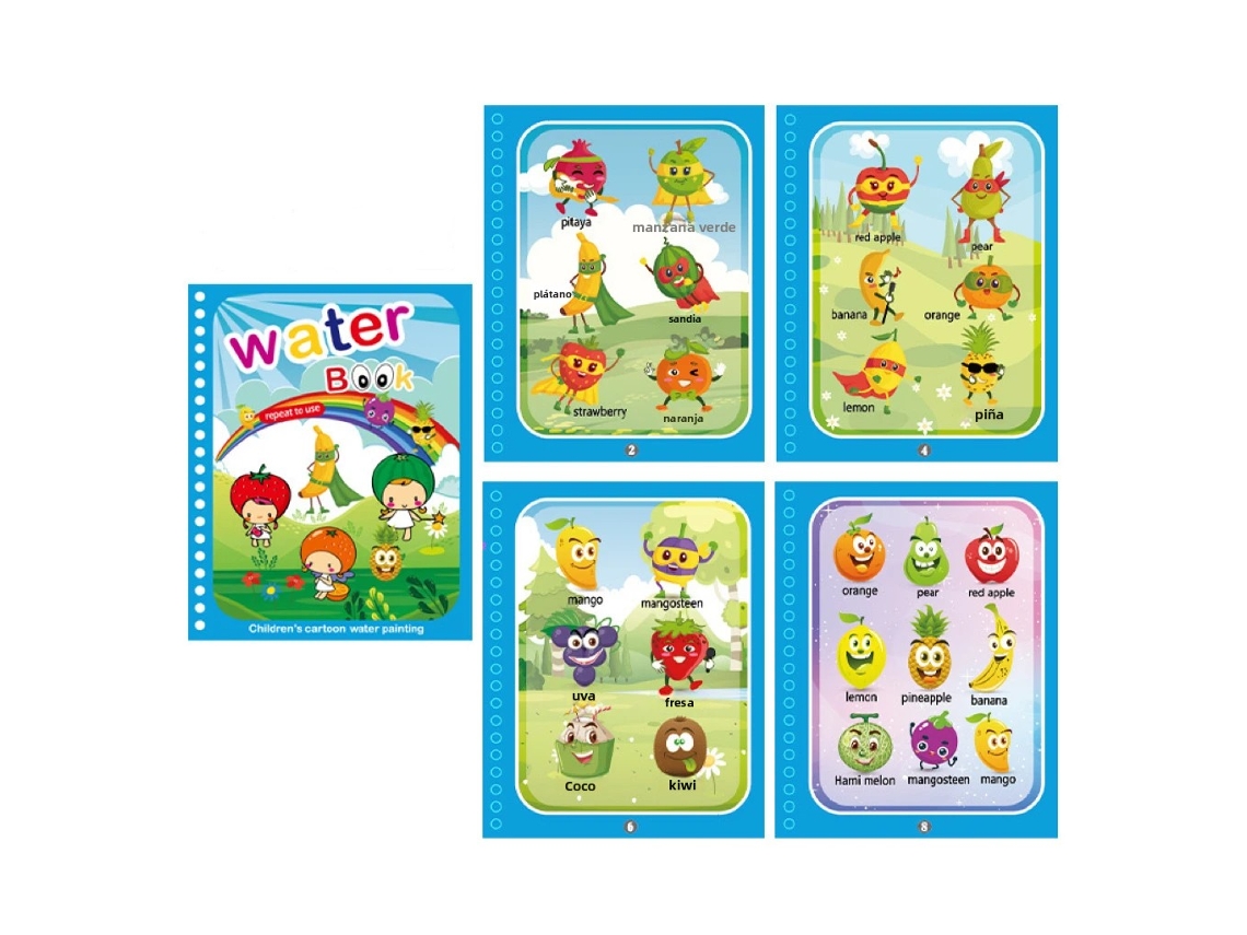 (Frutas) Libro mágico de acuarela para niños, libro de rompecabezas de agua para garabatear repetidamente