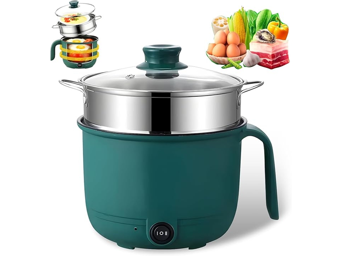 Olla Eléctrica Portátil De 1,5 L, 600 W, Con Vaporera De Acero Inoxidable, Para Cocinar Pasta Rápidamente Verde. Siurn