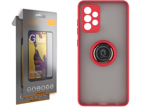 Funda y 2 Protectores de Cristal Full Samsung Galaxy A52 5G ACCETEL Gel Bumper Ring Rojo