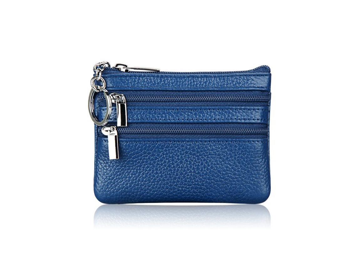 Monedero Pequeño De Piel Auténtica Para Mujer Linjou Con Llavero Azul