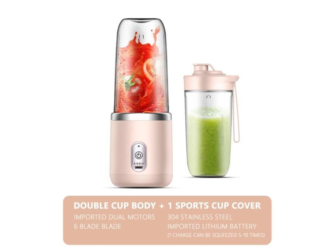 cor 2 xícaras rosa portátil USB espremedor elétrico com 6 lâminas, espremedor de frutas cítricas, copo de suco de frutas 