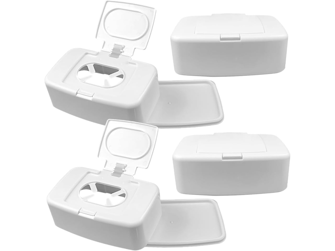 Juego de 4 cajas dispensadoras de toallitas húmedas reutilizables de plástico blanco, aptas para baño y Slowmoose