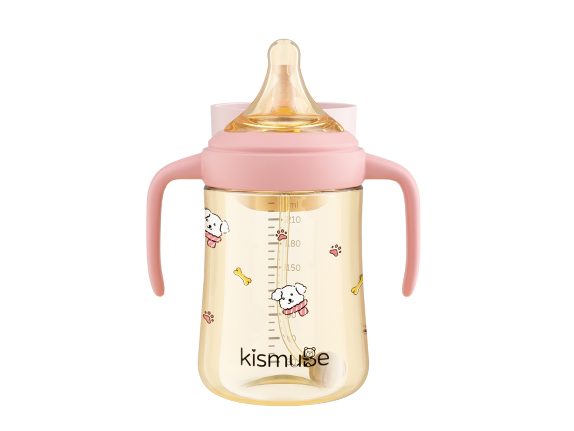 Biberón con tapa abatible, tapa integrada y vaso para beber directamente, para bebés mayores de 6 meses, con pajita rosa y chupete, 240 ml.