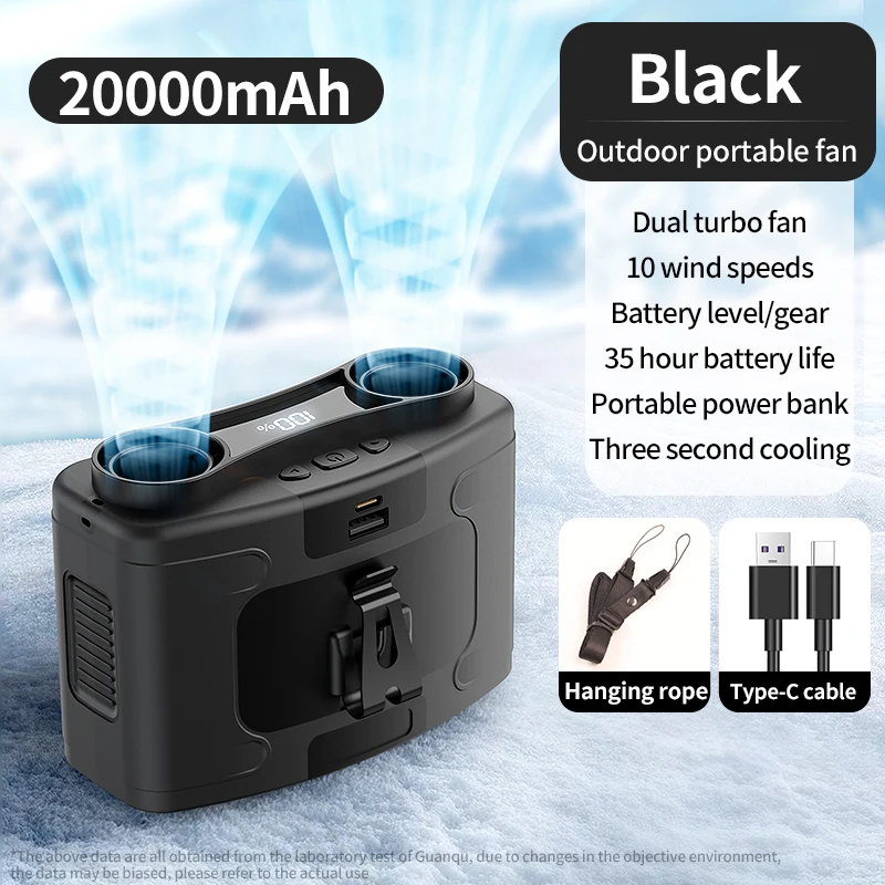 Ventilador De Cintura De 15 W (negro), Enfriamiento Rápido, 10 Velocidades, Doble Motor, Batería De 20000 Mah.