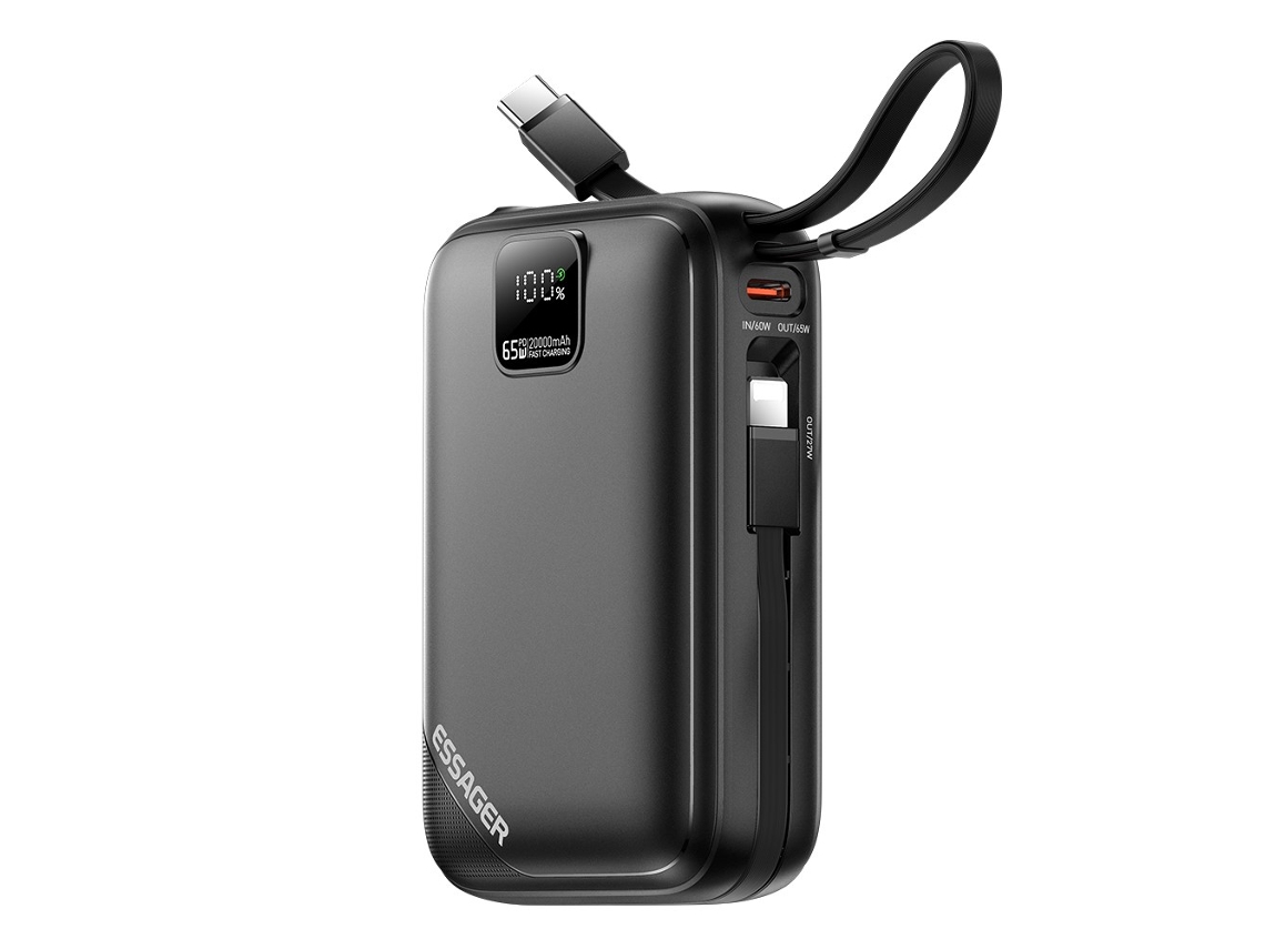 Essager Power Bank De 20000 Mah Con Carga Rápida Pd De 65 W, Batería Externa Portátil Para Teléfono Con Cable Usb Tipo C - Negro