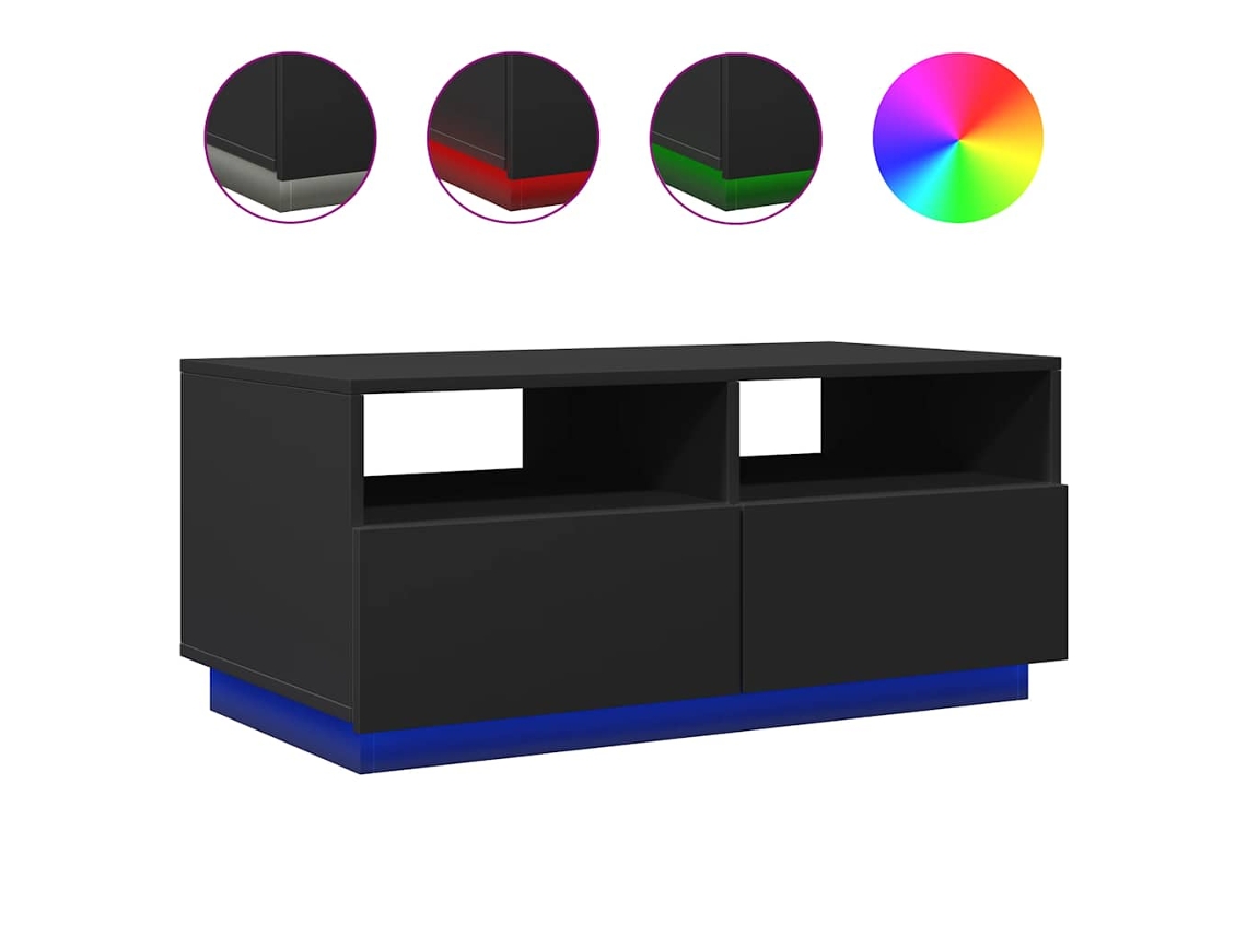 Mesa de centro de diseño moderno con cajón y luces LED, 90 x 49 x 40 cm, madera industrializada negra, Dec037682