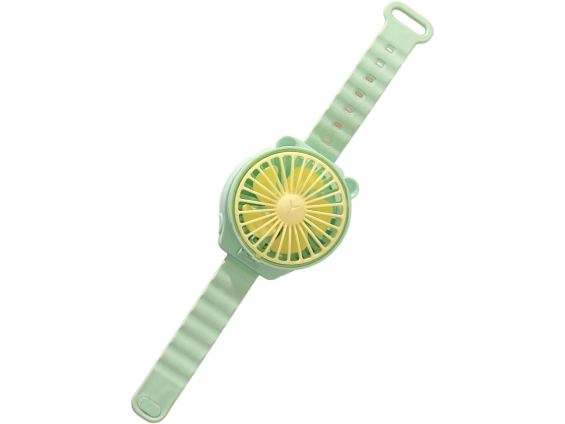 (Verde) Ventilador de reloj portátil, compacto y liviano, con diseño de dibujos animados, adecuado para uso en interiores y exteriores.