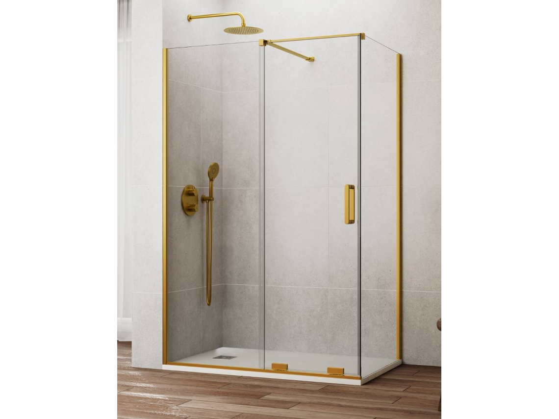 Mampara de ducha Cirene (Kenna) 1+1 con panel lateral fijo de 180x70 cm, color dorado, con barra perpendicular.