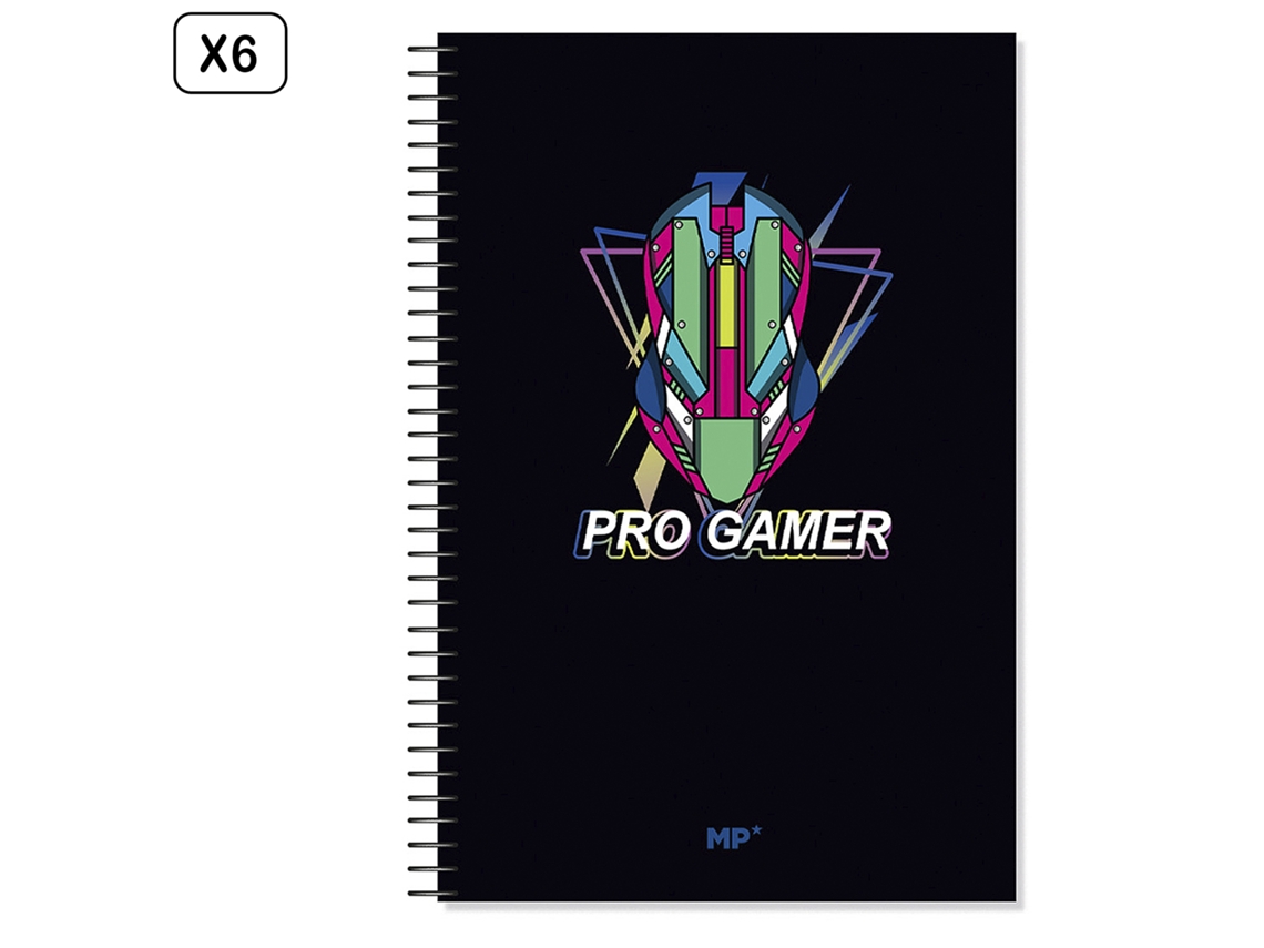 Pack de 6 cuadernos espirales, 80 hojas, 90 g/m², diseño Pro Gamer