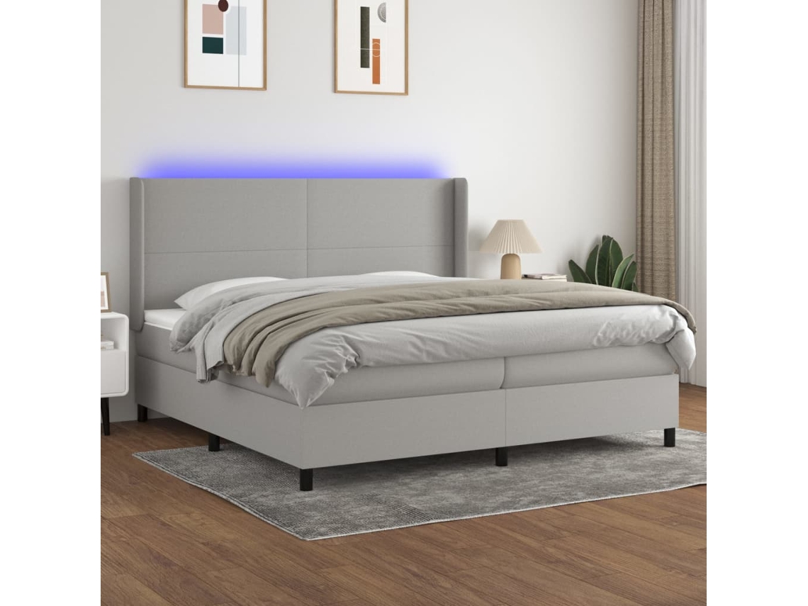 Cama Box Spring Con Colchón Tela Y Led Gris Claro 200x200 Cm