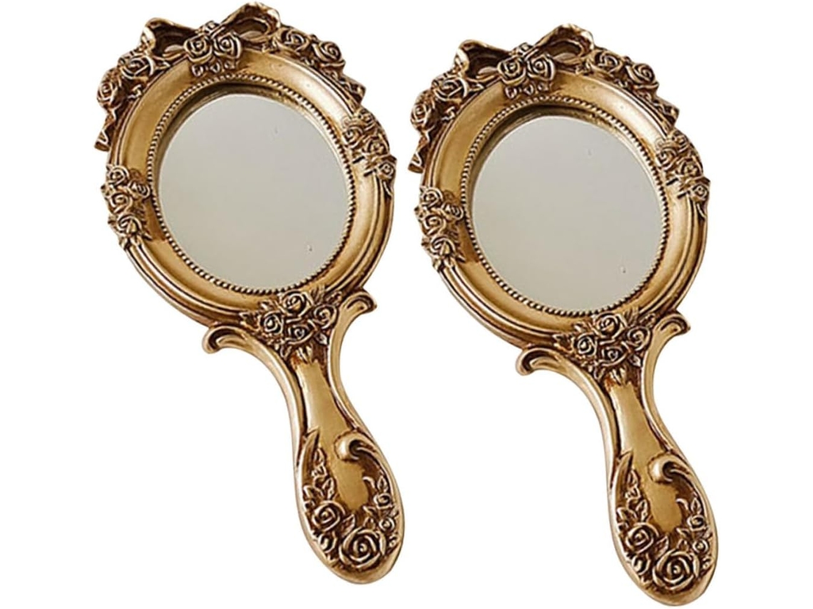 Juego De 2 Espejos De Bolsillo Vintage Con Asa, Accesorios De Maquillaje Retro Para Mujer